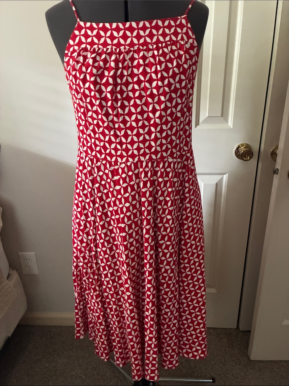 LOFT Red and White Geometric Midi Dress with Spaghetti Straps